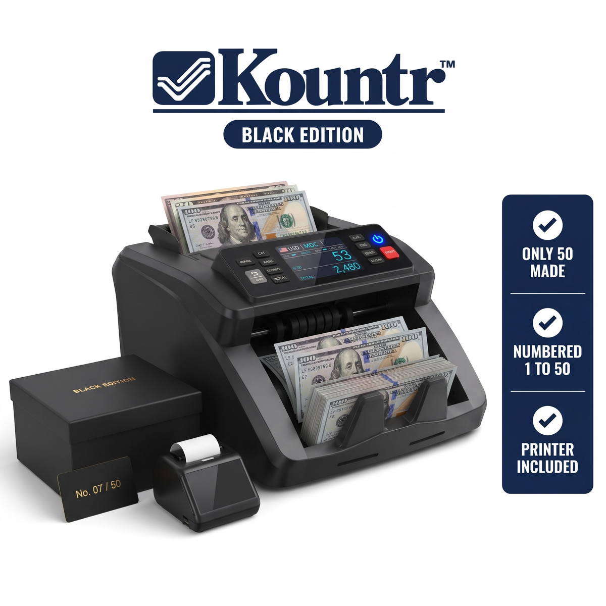 Kountr Black Edition: money counter, numbered box and receipt printer. Only 50 made.